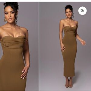 JLUXLABEL Brown Ruched Strapless Bodycon Dress